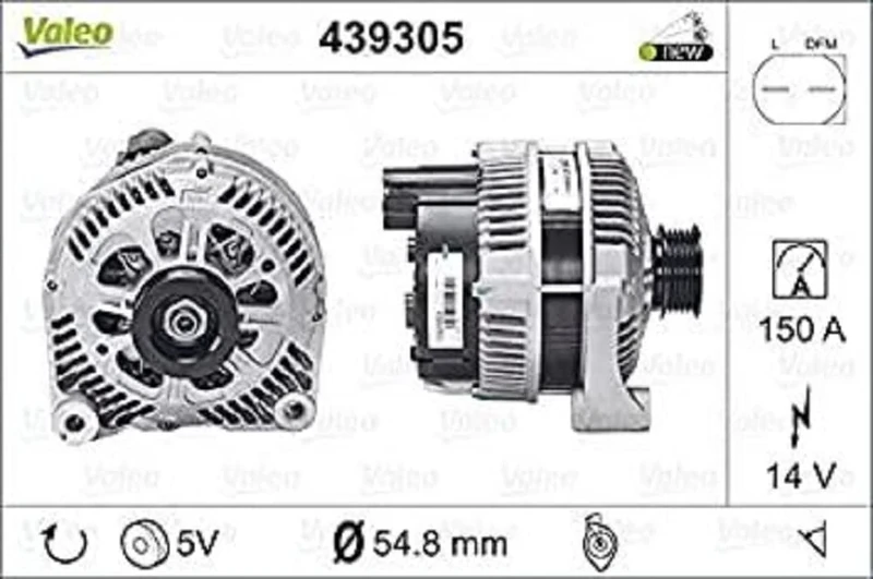 VALEO 439305 Alternator Alternator Charge current: 150 Amp Grooves: 5 grooves Pulley diameter: 54,8 mm Voltage: 14 V Rotation direction: CLOCKWISE