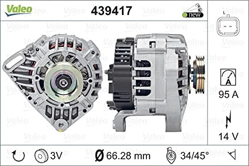 VALEO 439417 Alternator Alternator Charge current: 95 Amp Grooves: 3 grooves Pulley diameter: 66 mm Voltage: 14 V Rotation direction: CLOCKWISE