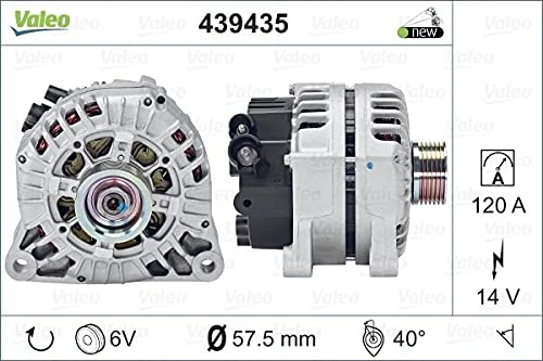 VALEO 439435 Alternator Alternator Charge current: 120 Amp Grooves: 6 grooves Pulley diameter: 57,5 mm Voltage: 14 V Rotation direction: CLOCKWISE