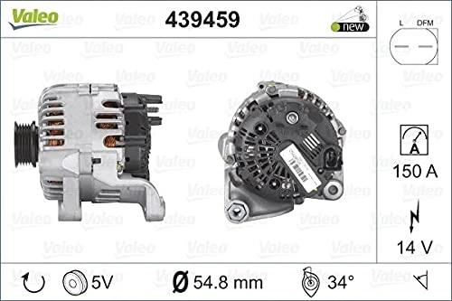 VALEO 439459 Alternator Alternator Charge current: 150 Amp Grooves: 5 grooves Pulley diameter: 54,8 mm Voltage: 14 V Rotation direction: CLOCKWISE