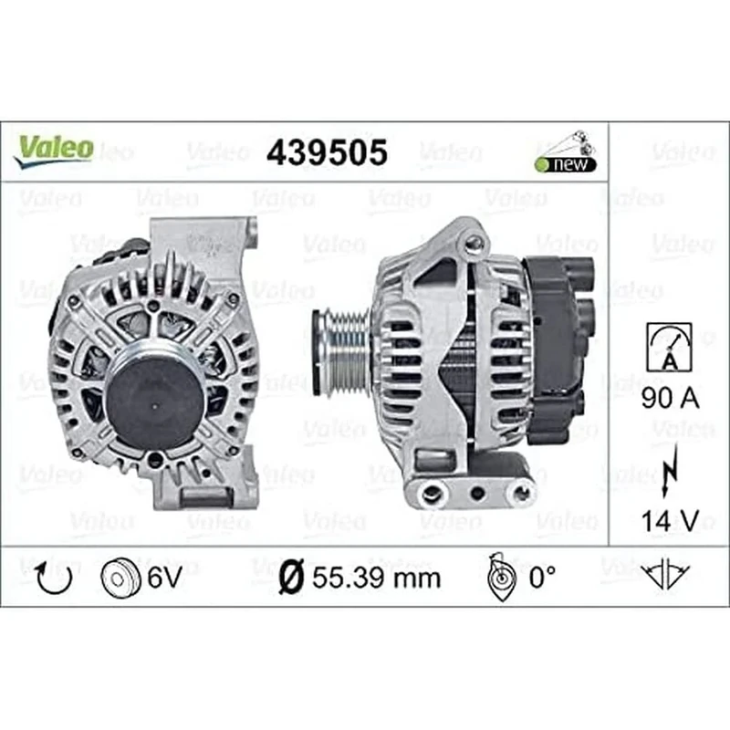VALEO 439505 Alternator Alternator Charge current: 90 Amp Grooves: 6 grooves Pulley diameter: 55 mm Voltage: 14 V Rotation direction: CLOCKWISE