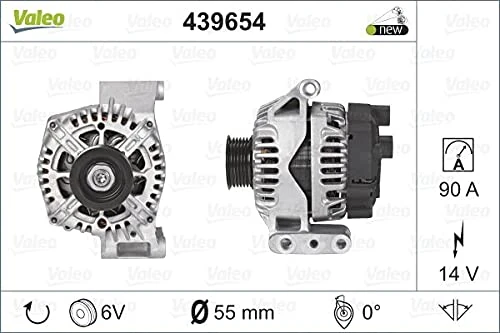 VALEO 439654 Alternator Alternator Charge current: 90 Amp Grooves: 6 grooves Pulley diameter: 55 mm Voltage: 14 V Rotation direction: CLOCKWISE