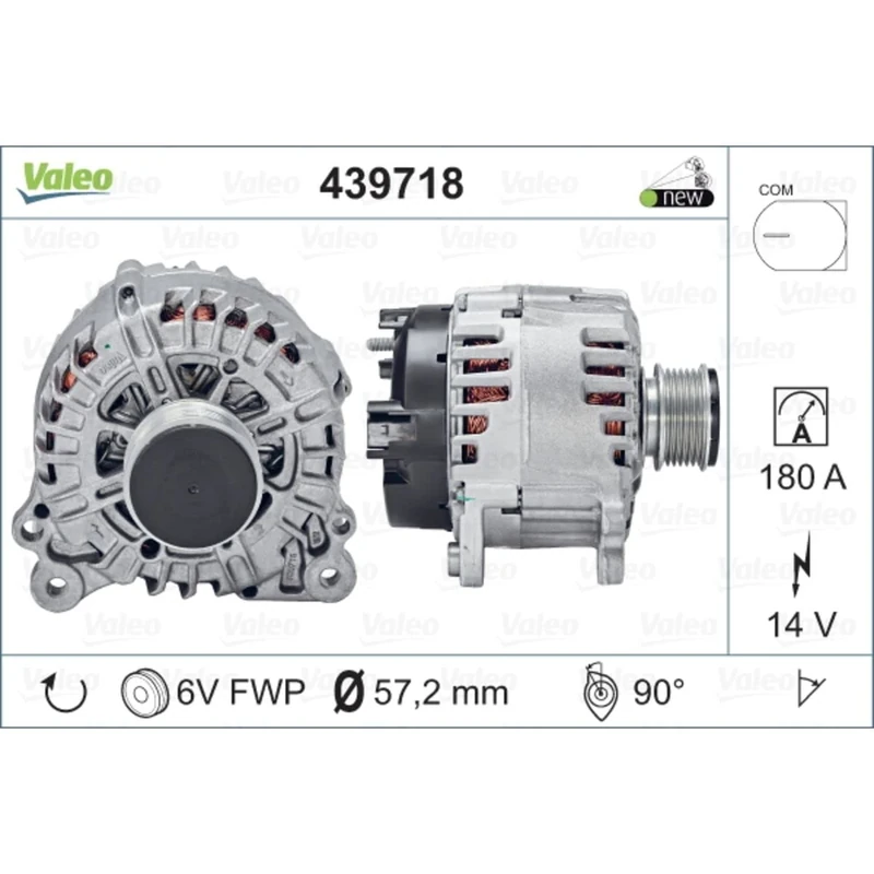 VALEO 439718 Alternator Alternator Charge current: 180 Amp Grooves: 6 grooves Pulley diameter: 57,2 mm Voltage: 14 V Rotation direction: CLOCKWISE