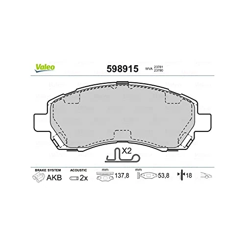 VALEO BRAKE SYSTEMS Brake Pad Set 598915, set of 4, Front Axle, Fitting Position: Front Axle, Brake System: AKEBONO