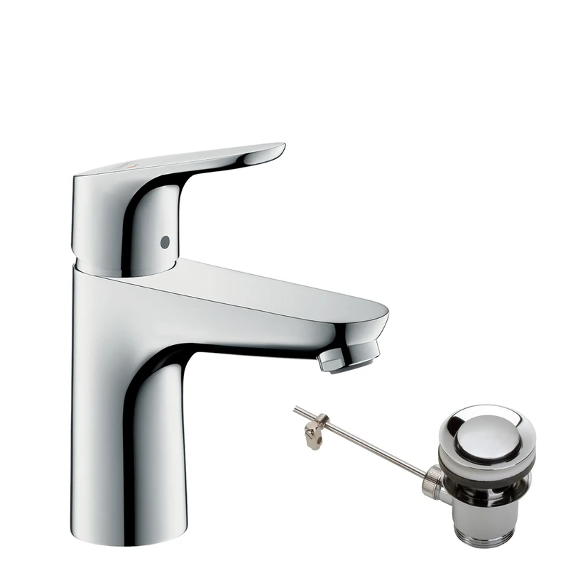 hansgrohe basin mixer tap Focus, basin tap with spout height 100mm, energy-saving (CoolStart, water-saving (EcoSmart), with pop-up waste set, chrome, 31621000