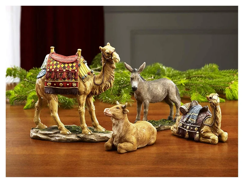 Three Kings Gifts Camels, Donkey & Ox, Polystone Flat Bottom Base for Stability, Home Decorating Christmas Nativity Scene Sets & Figures, 4-Pieces, for The 14 inch Scale Collection