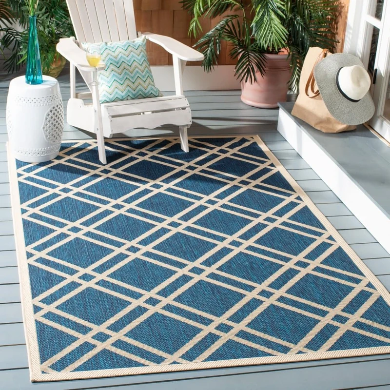 Safavieh Trellis Indoor/Outdoor Woven Rectangle Area Rug, Courtyard Collection, CY6923, in Navy / Beige, 160 X 231 cm for Garden, Patio or Any Outdoor Space
