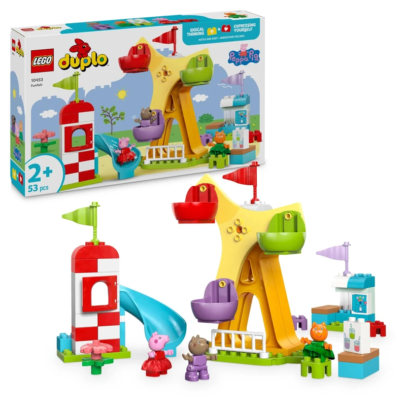LEGO DUPLO Peppa Pig Funfair - Fine Motor Skills Toys for 2+ Year Old Girls & Boys - Big Fair Wheel, Slide, Juice Bar and 3 Figures incl. Danny Dog & Candy Cat - Early Development Activity - 10453