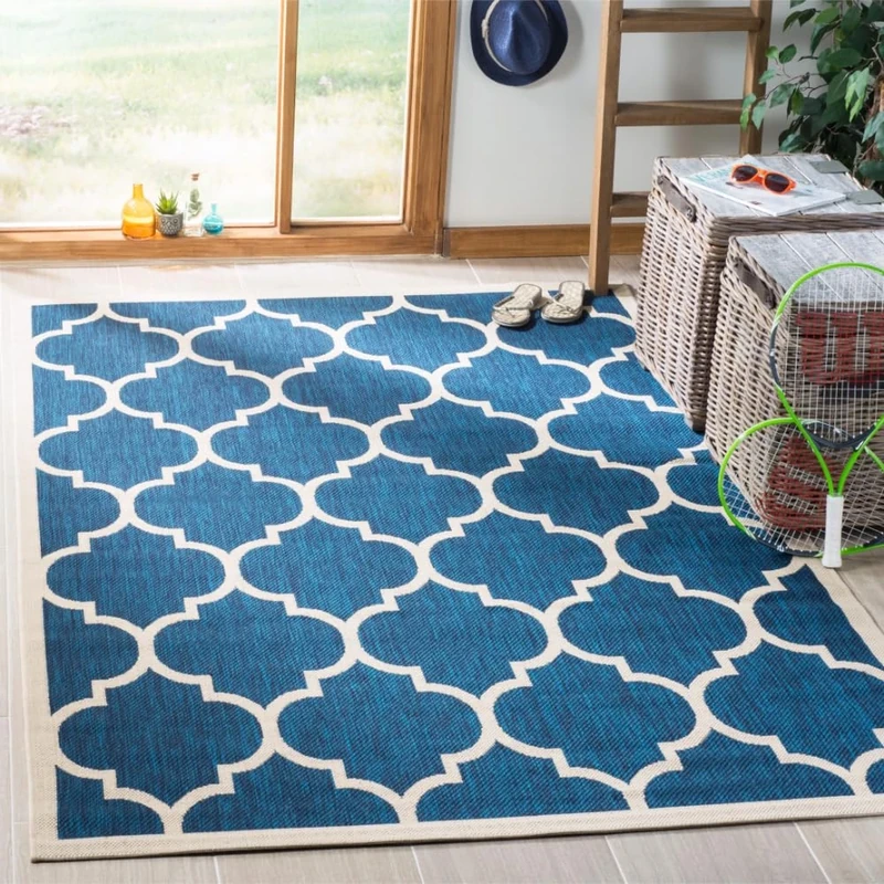 Safavieh Trellis Indoor/Outdoor Woven Rectangle Area Rug, Courtyard Collection, CY6914, in Navy / Beige, 160 X 231 cm for Garden, Patio or Any Outdoor Space