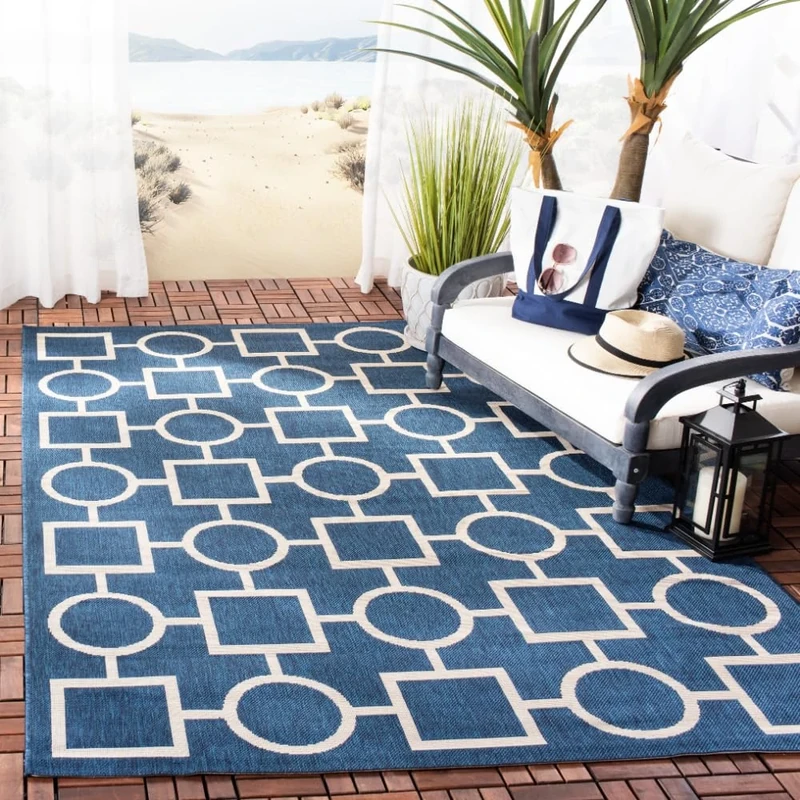Safavieh Contemporary Indoor/Outdoor Woven Rectangle Area Rug, Courtyard Collection, CY6925, in Navy / Beige, 160 X 231 cm for Garden, Patio or Any Outdoor Space