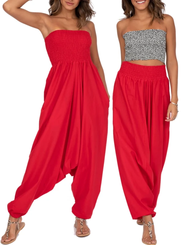 likemary Jumpsuits for Women UK Converts into Harem Pants with Pockets - 2-in-1 Cotton Strapless Romper & Comfy Elasticated Waist Trousers - Red Jumpsuit