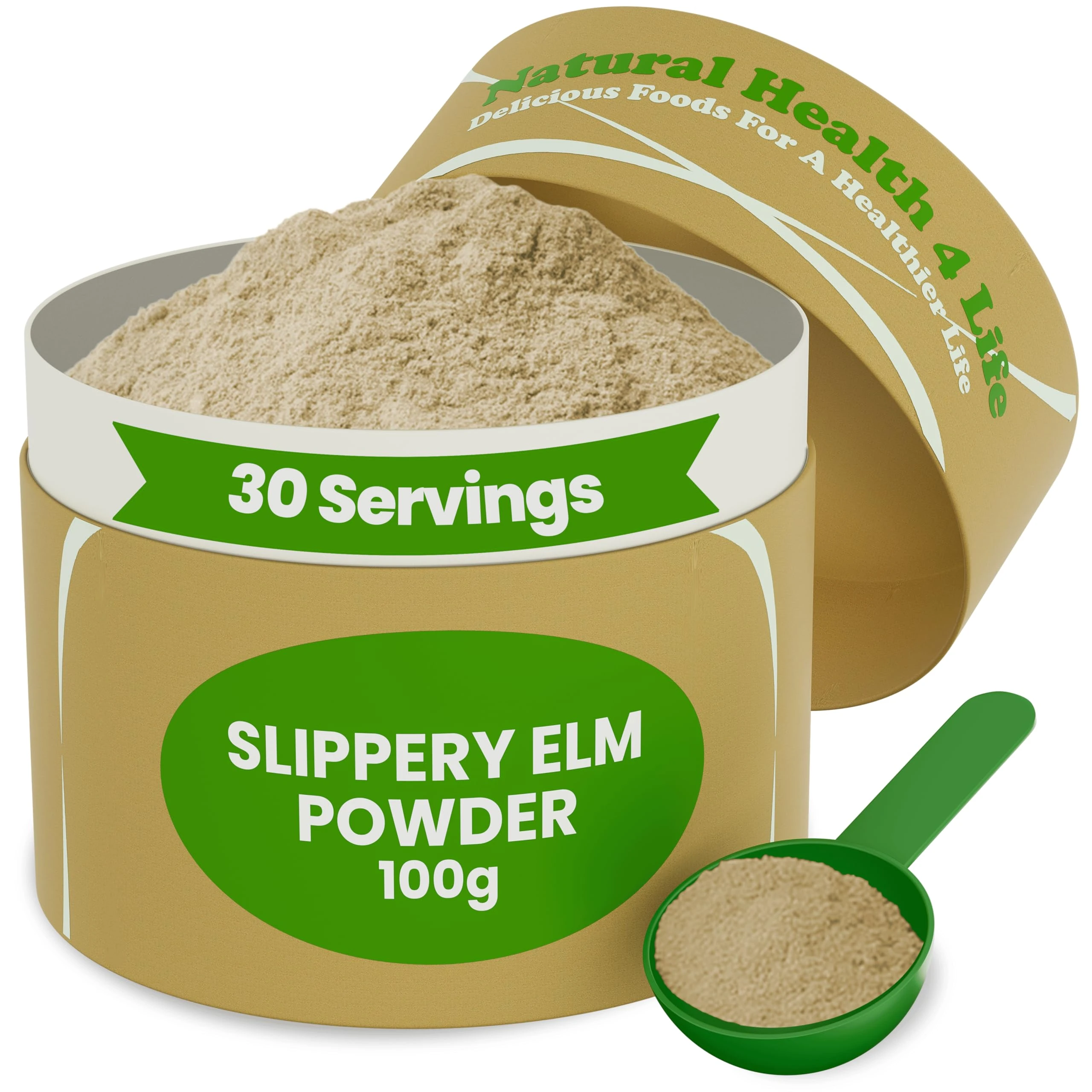Natural Health 4 Life 100% Pure Inner Bark Slippery Elm Powder – Supports Gut Health, Gluten Free, Vegan – Natural Flavour – Suitable for All Ages – 100g Slippery Elm Powder Tub with Scoop