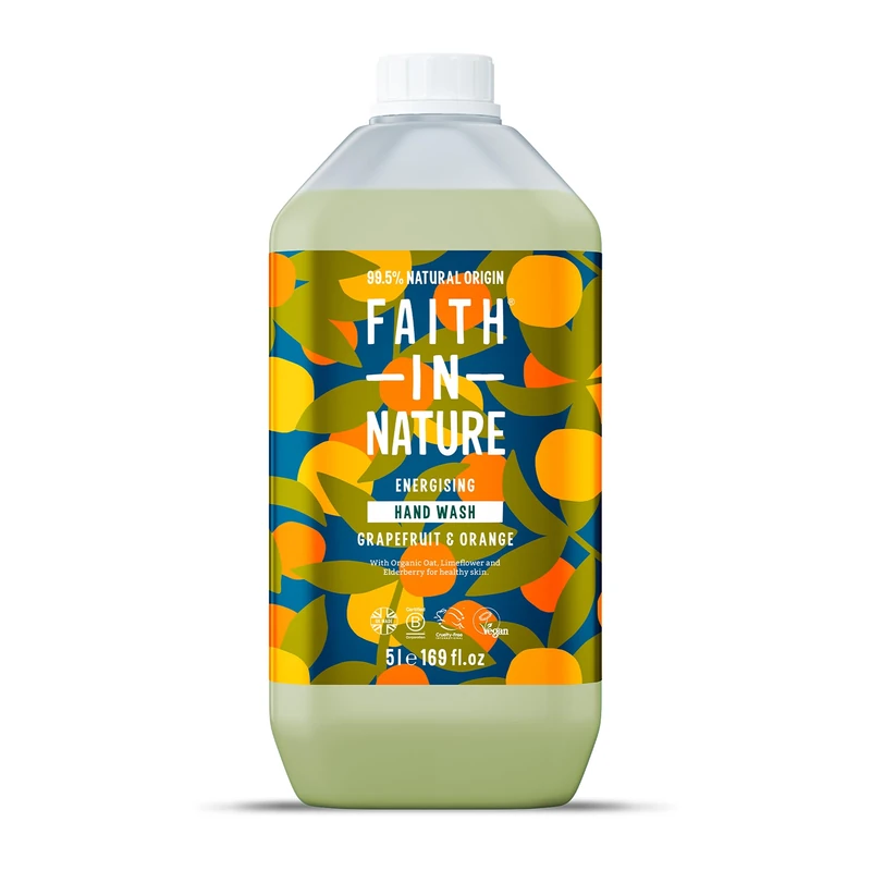 Faith In Nature Natural Grapefruit & Orange Liquid Hand Wash, Energising, Vegan & Cruelty Free, No SLS or Parabens, 5L Refill Pack