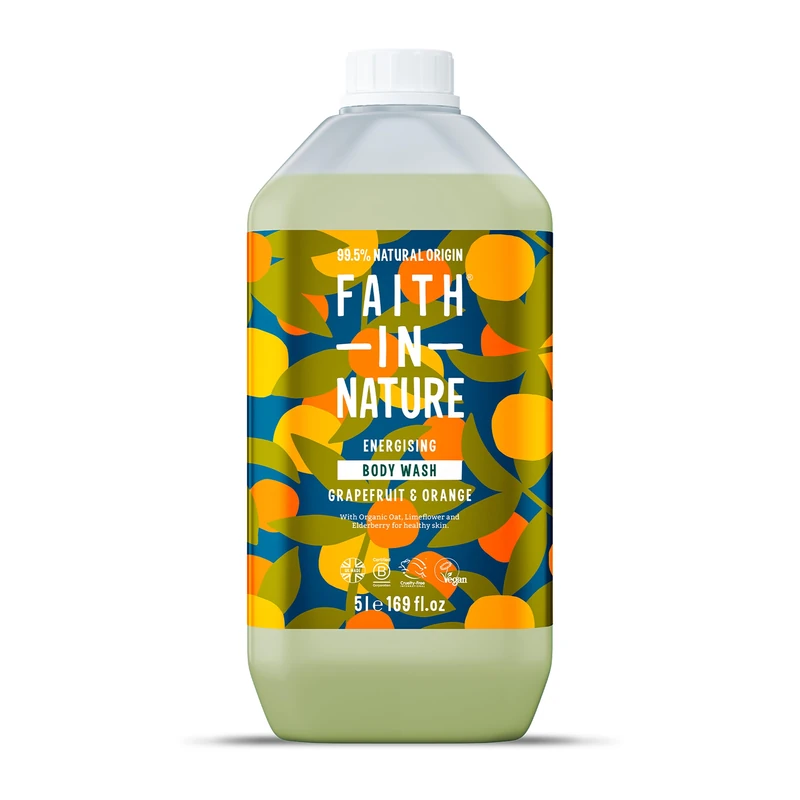 Faith In Nature Natural Grapefruit & Orange Body Wash, Energising Shower Gel, Vegan & Cruelty Free, No SLS or Parabens, 5L Refill Pack