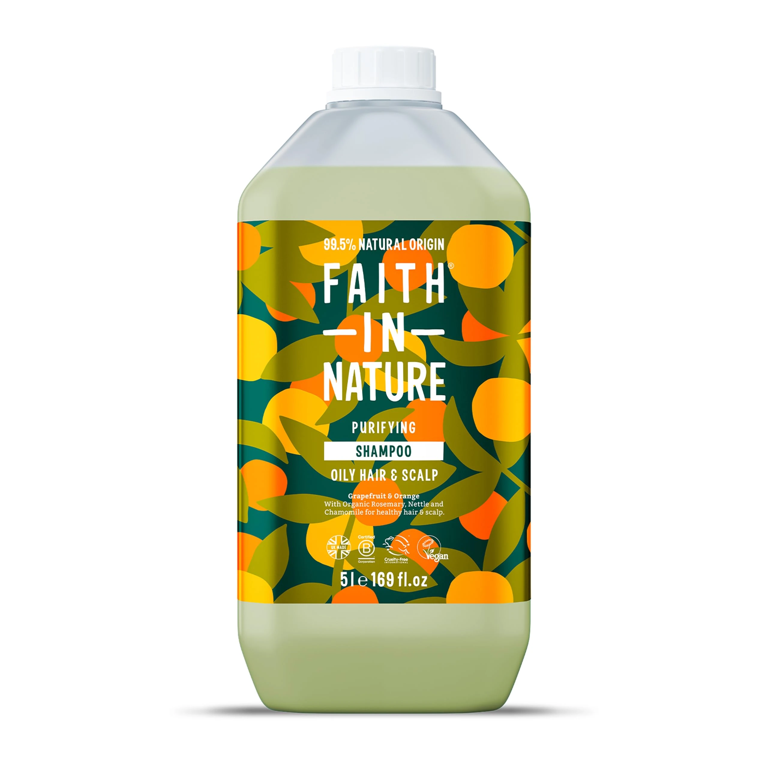 Faith In Nature Natural Grapefruit & Orange Shampoo, Purifying For Oily Hair & Scalp, Vegan & Cruelty Free, No SLS, Silicones or Parabens, 5L Refill Pack