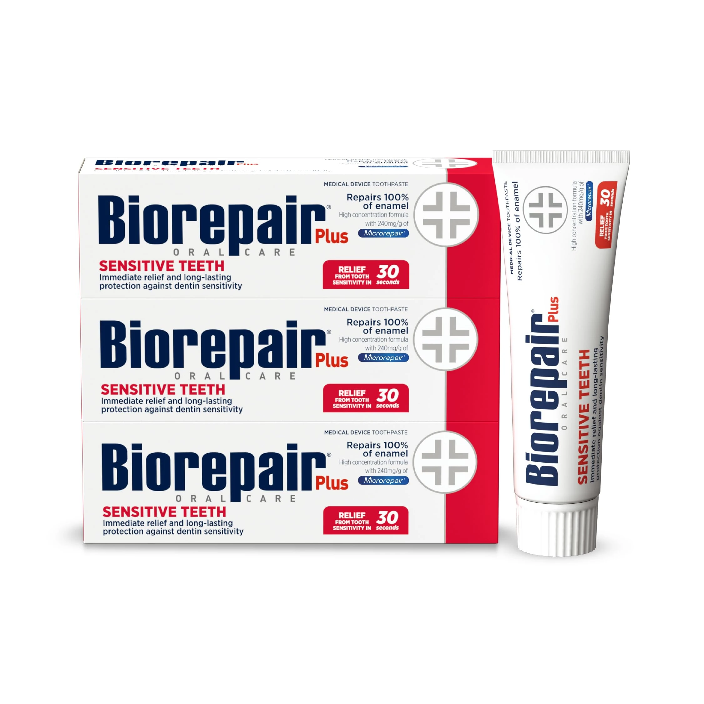 Biorepair Plus Sensitive Teeth Toothpaste - 240 mg/g microRepair Fluoride Free Hydroxypatite – Enamel Repair That Immediately Reduces Tooth Sensitivity (Pack of 3)