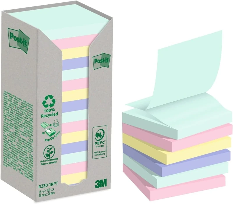 Post-it Recycling Notes Assorted Colours, Pack of 16 Pads, 100 Sheets per Pad, 76 mm x 76 mm, Green, Pink, Blue, Yellow - Self-Stick Notes Made from 100% Recycled Paper