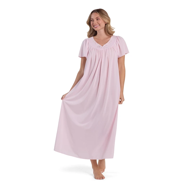 Miss Elaine Nightgown - Women's Long Tricot Nightgown, Short Flutter Sleeves, Comfortable Lightweight Fabric, Sleepwear, Pink, L