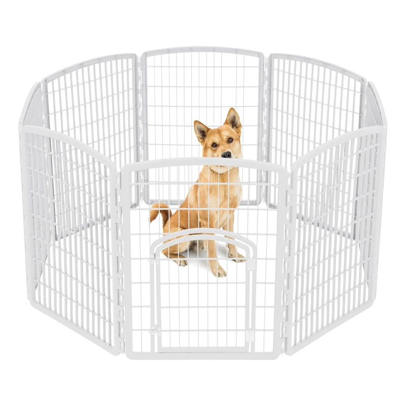 IRIS USA Dog Playpen, 8-Panel 34" Pet Playpen with Door, Puppy Playpen, Indoor/Outdoor Dog Pen, 63 x 63 x 34, Foldable, Customizable, White