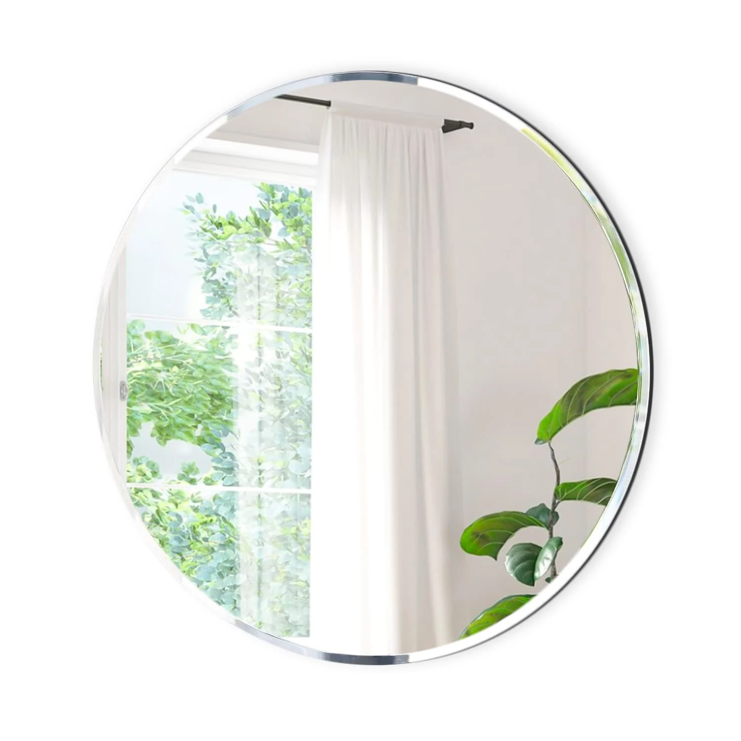 24" Mirror Frameless Wall Round Beveled, Hook Included
