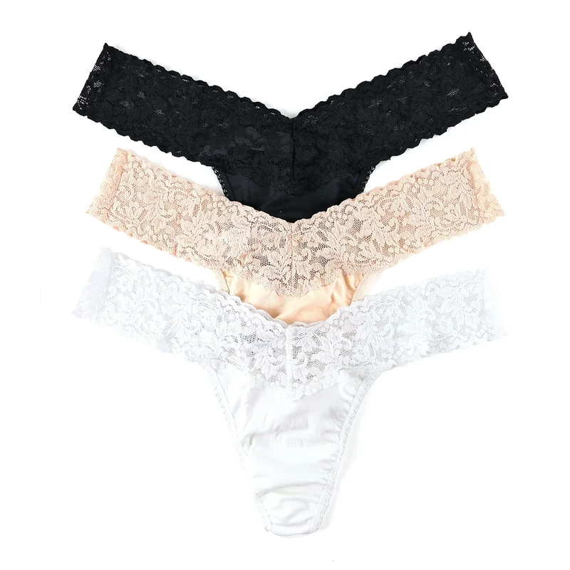 hanky panky Women's Low Rise Organic Cotton Thongs with Lace (pack of 3) - Multi - Small