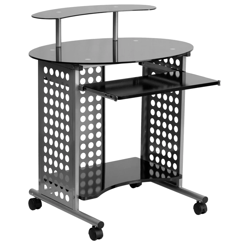Flash Furniture Cassini Mobile Computer Desk, Metal, Black Glass Top/Silver Frame, 88.9 x 67.31 x 14.605 cm