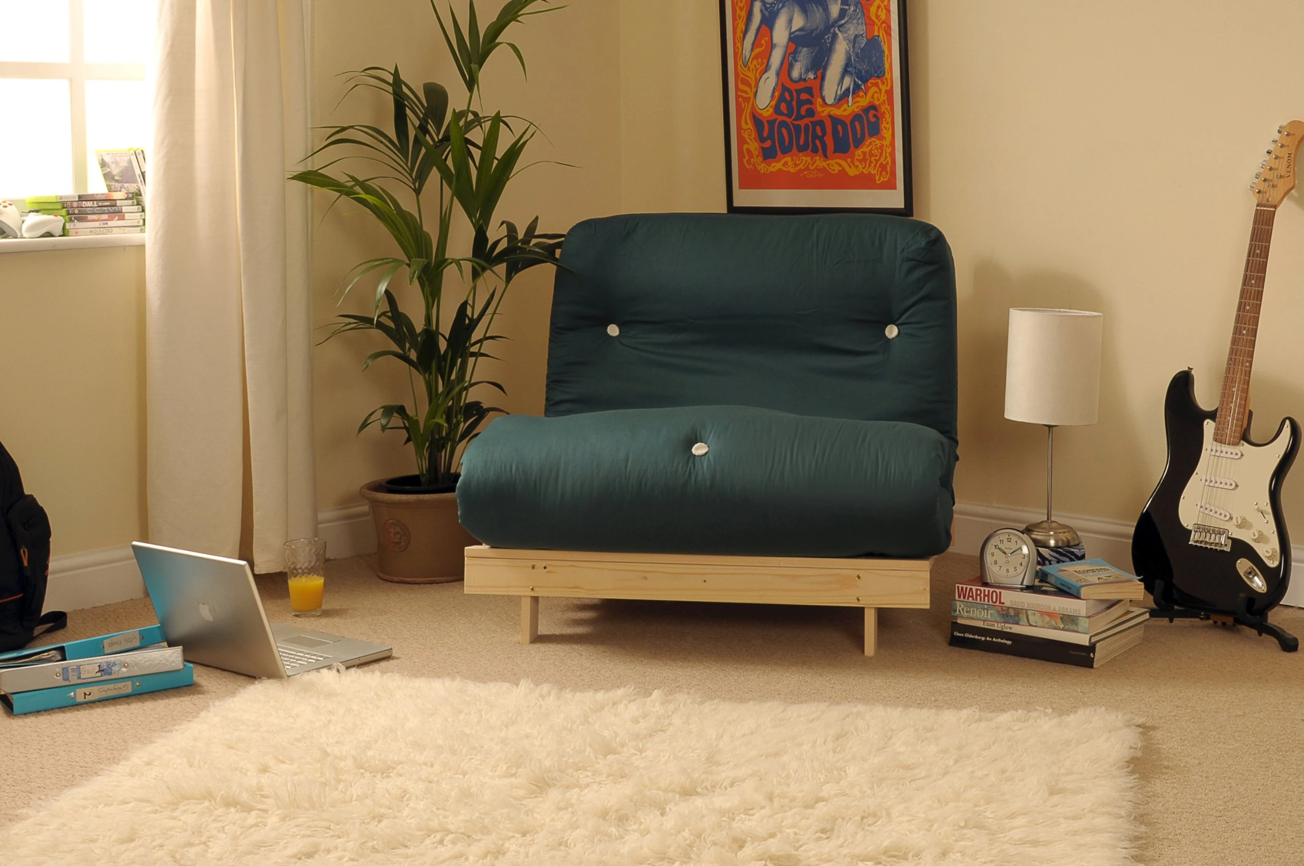 Comfy Living 2ft6 Small Single Wooden Futon Set with GLADE GREEN Mattress