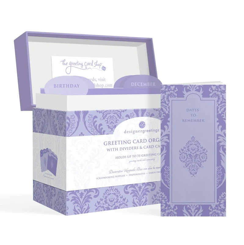 Designer greetings Greeting Card Organizer Box with Dividers and Calendar, Decorative Lavender Damask Pattern (9.5” x 7.25” x 6”, Holds Up to 75 Greeting Cards), purple - large (711-00005-0000)