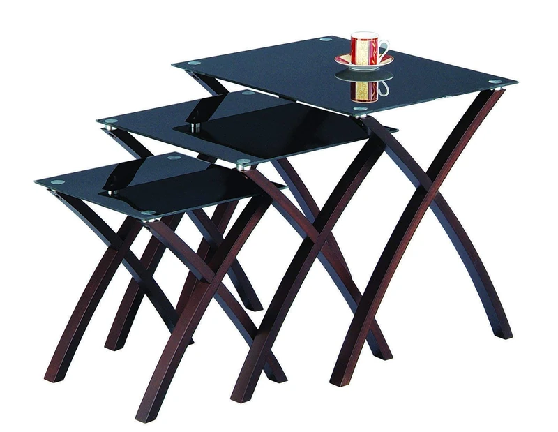 ASPECT Miami Set/3 Nesting Table- Black Tempered Glass,Solid Wood Legs in Wenge (Mahogany) Finish - Image 1
