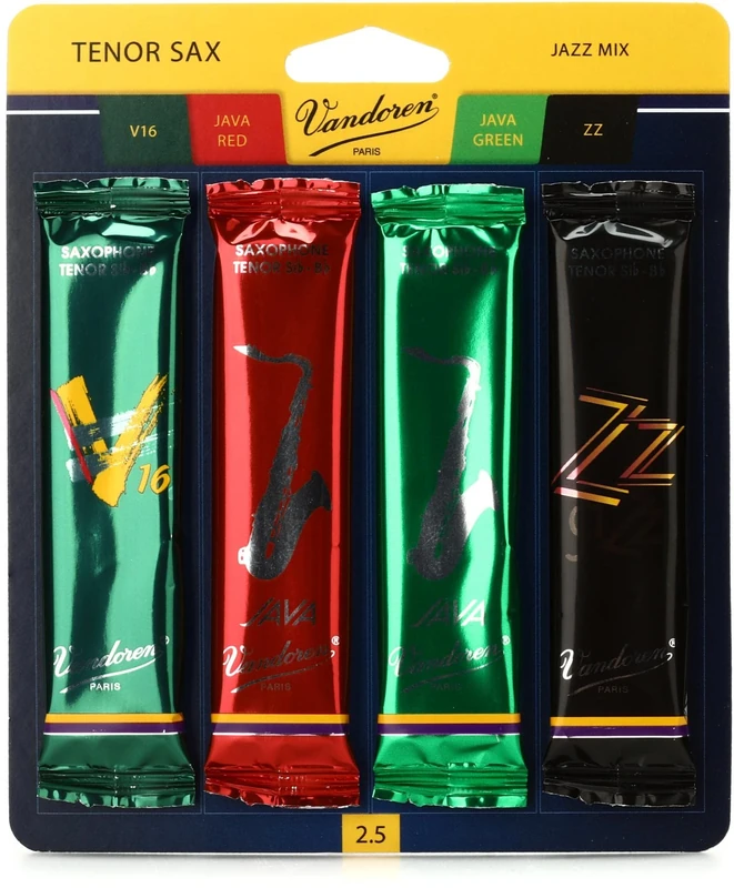 Vandoren SRMIXT25 Tenor Sax Jazz Reed Mix Card includes 1 each ZZ, V16, JAVA and JAVA Red Strength 2.5