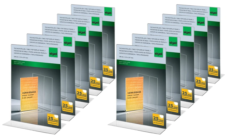 SIGEL TA220 Sign Holder, upright, for A4, double-sided presentation, uv resistant acrylic, transparent, 10 Pieces