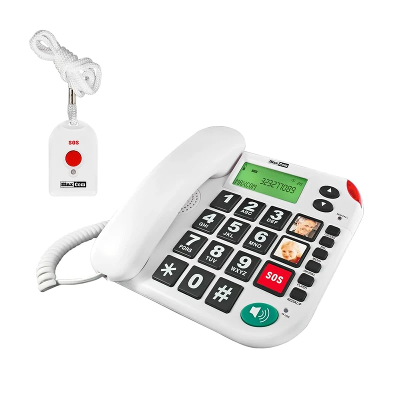 Maxcom KXT481 Fixed Line UK Corded Phone with Remote SOS Emergency Pendant and Direct Photo Memory Buttons - White - Image 1