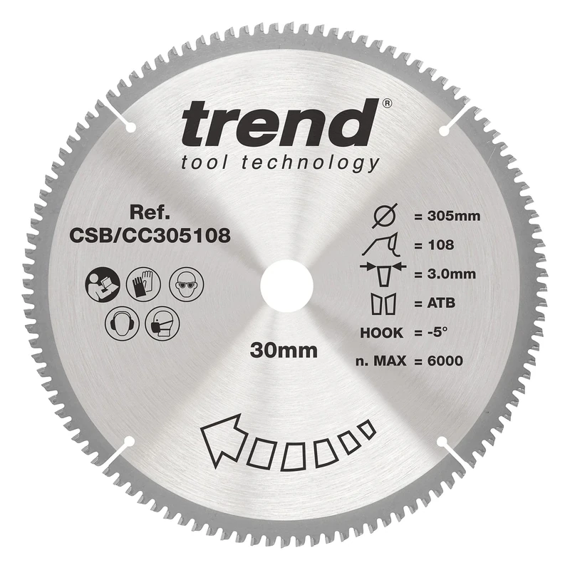 Trend Wood Mitre Saw Blade, 305mm Diameter, 30mm Bore, 108 Teeth, 3mm Kerf, -5° Hook, TCT, Extra-Fine Finish, CSB/CC305108