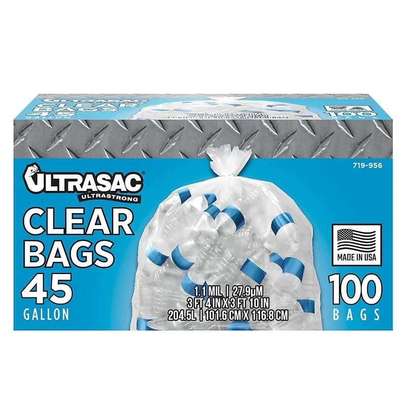 Ultrasac Heavy Duty 45 Gallon Garbage Bags (Huge 100 Pack w/Ties) - 46' x 40' - Industrial Quality Clear Trash Bags for Paper, Plastic, Cans, Bottles, Newspaper, Grass, Lawn