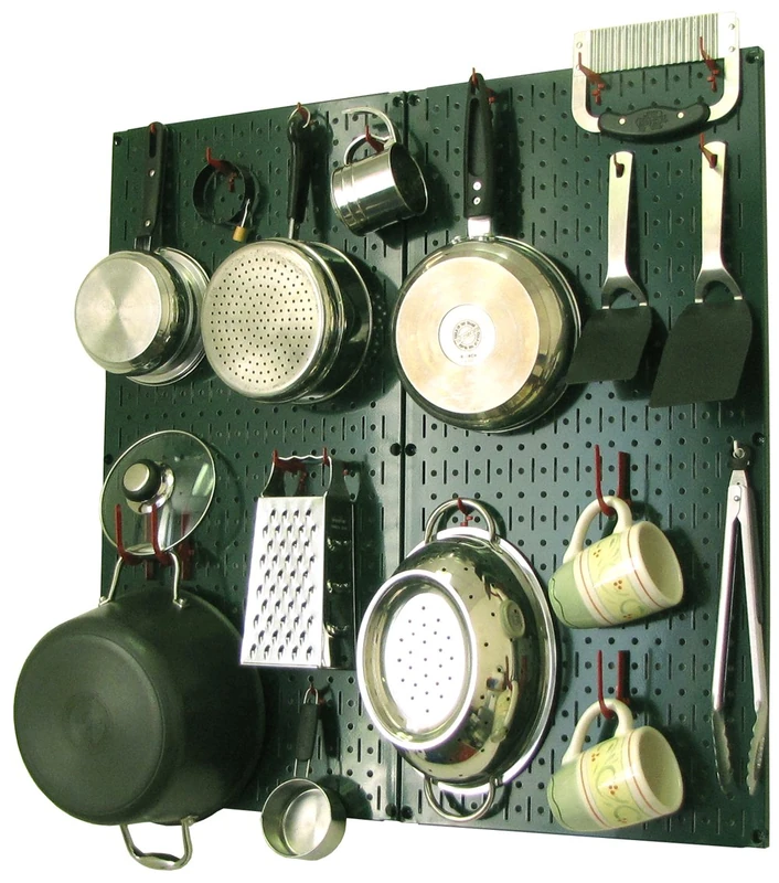 Wall Control Kitchen Pegboard Organizer Pots and Pans Storage Rack Organization Kit with Green Pegboard and Red Accessories
