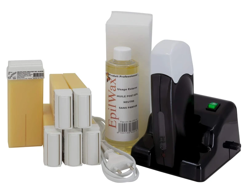 Epilwax Complete Hair Removal Waxing Kit with Modular Base - Black Style Series - Includes 6 White Wax Roll-on Cartridges, Roll On Wax Heater, 100 Strips and Waxing Oil