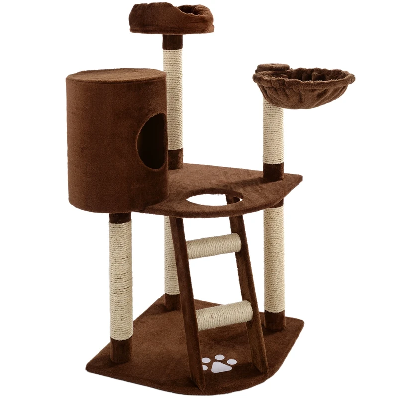 Mool Deluxe Cat Scratching Tree/ Post Activity Centre with Hidey-Hole/ 2 Viewing Platforms and 2 Comfy Bed, 130 cm, Brown
