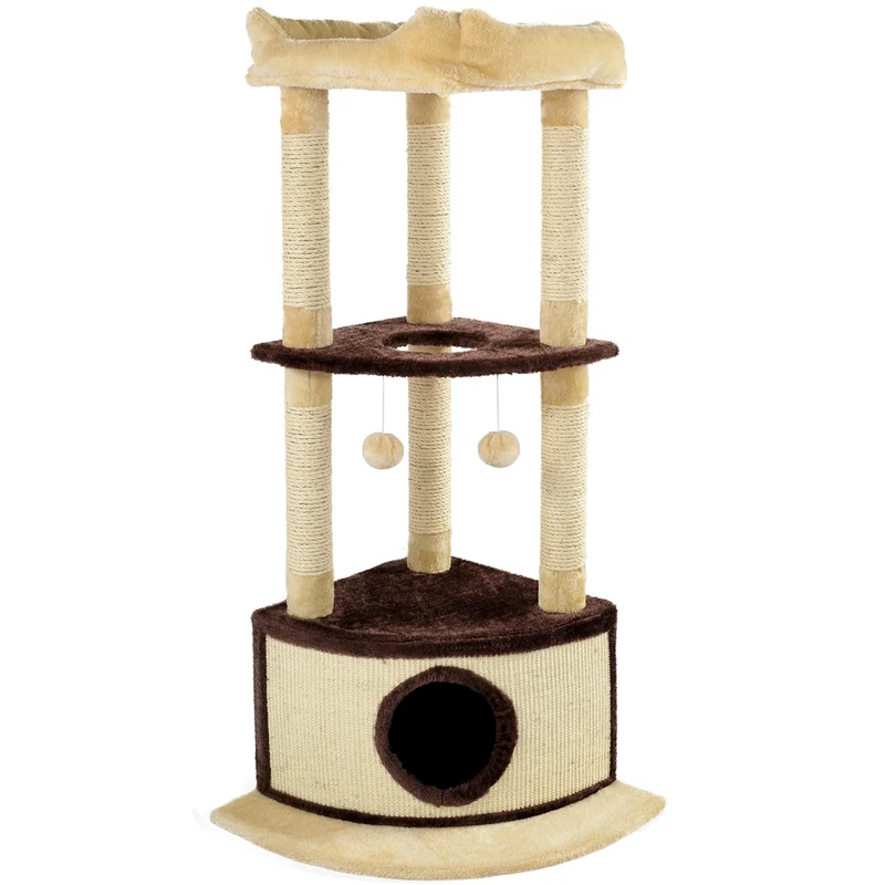 Mool Deluxe 3 Tier Cat Activity Centre and Scratching Tree/ Post with 2 Ball Toys, 122 cm, Cream/ Brown