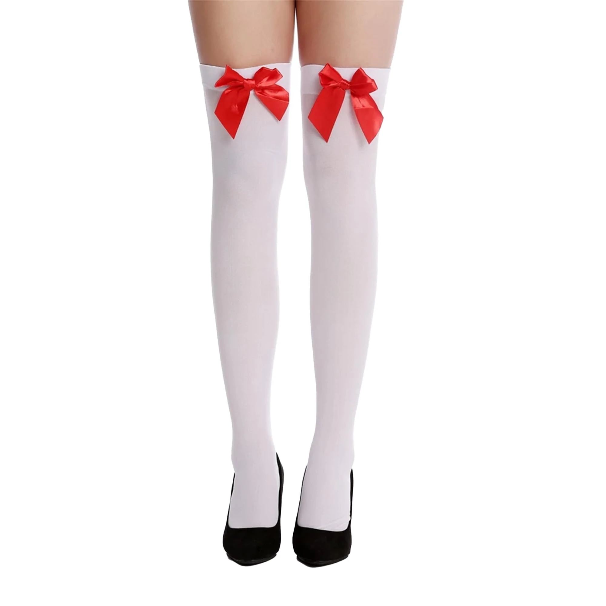 Crazy Chick® Ladies Girls Thigh High Hold Up Stocking With lace Satin Bow Over Knee Socks Daily Dress Party Favours (White With Red Bow)