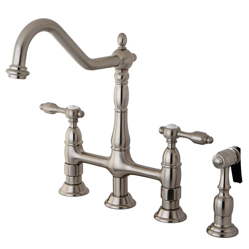 Kingston Brass KS1278TALBS Tudor 8 Inch Center Kitchen Faucet with Brass Sprayer, Satin Nickel, 8-3/4 inch in Spout Reach, Satin Nickel