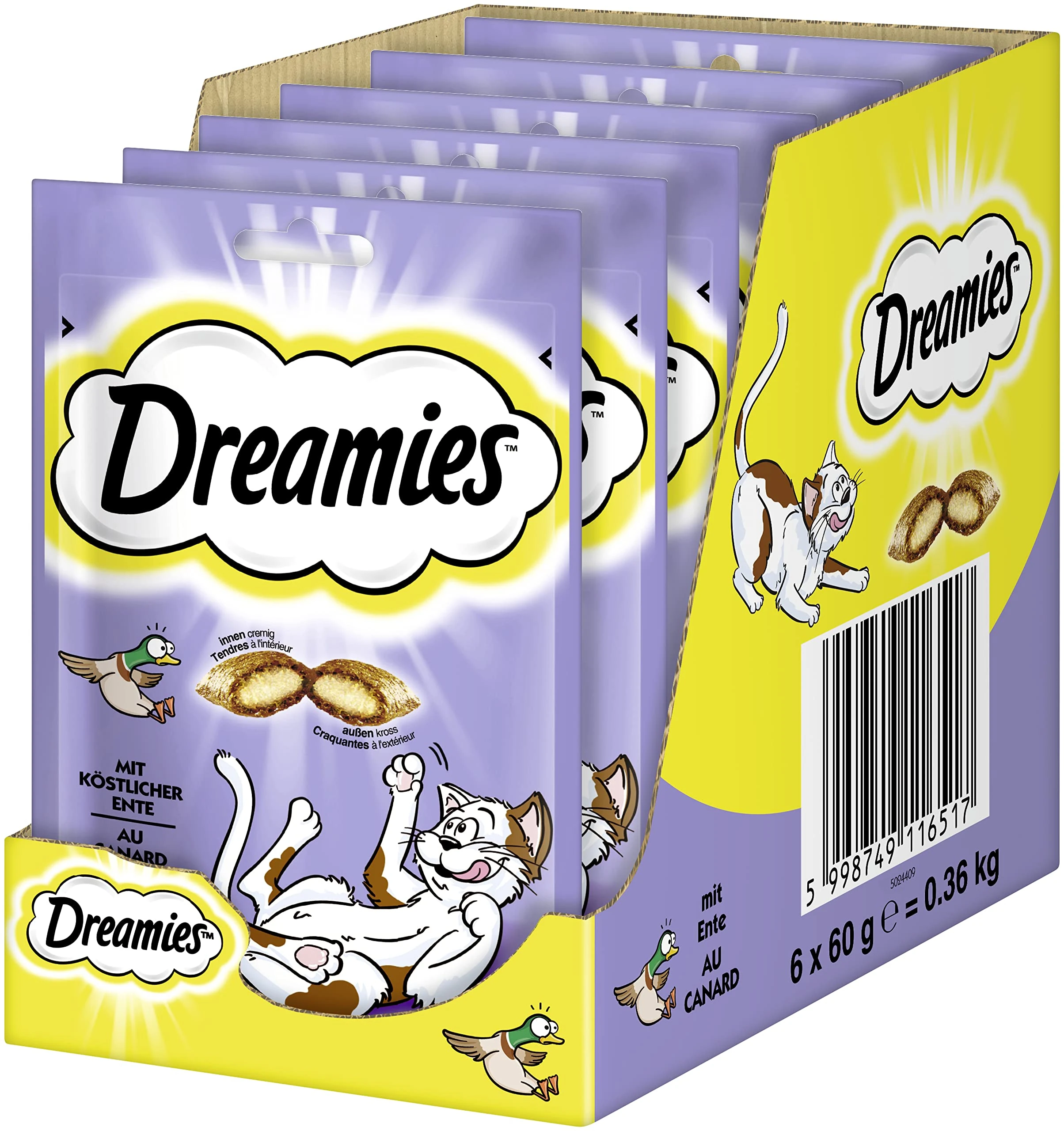 Dreamies Classic Cat Snacks with Duck - Incredibly Crispy Bags with Delicate Filling - 6 x 60 g