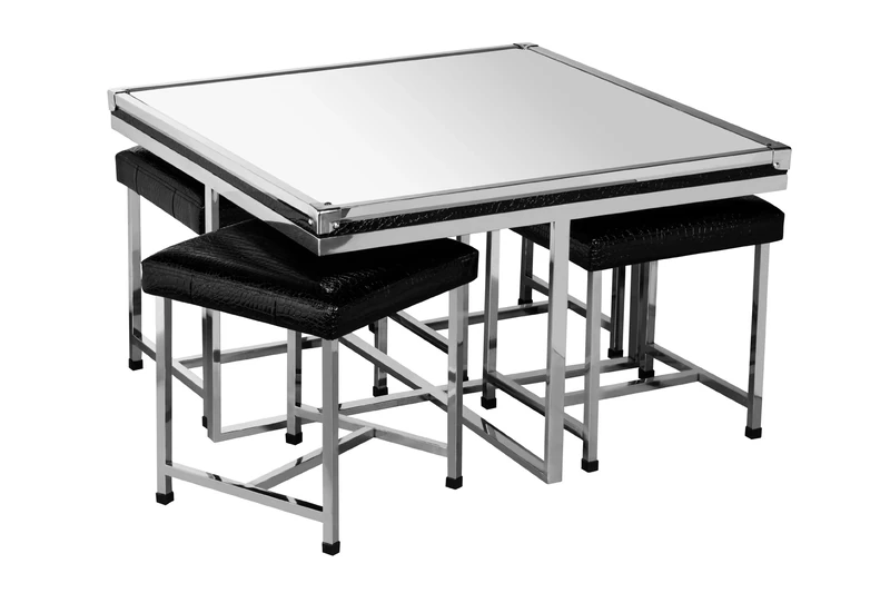 Premier Housewares Stainless Steel Mirror Table and Stool Set with Crocodile Effect Detail, 5-Piece