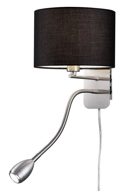 Trio Leuchten Wall Light with Adjustable Reading Light in Matt Nickel, White Fabric Shade 271170201, Schirm Schwarz 3 wattsW