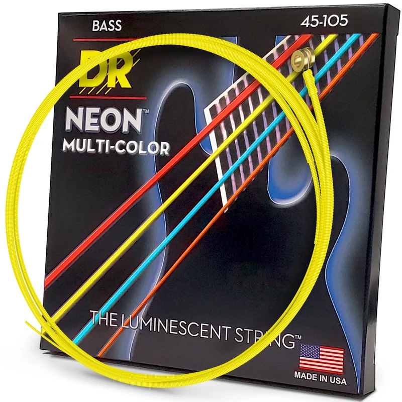 DR Strings HI-DEF NEON™ - MULTI-colour coloured Bass Strings: Medium 45-105