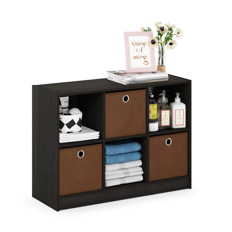 Furinno BASIC Book Shelf, 6-Cube Bookshelf, 3 x 2 Bookcase with Storage Bins, 11.9 x 31.6 x 23.6, for Living Room, Bedroom, Home Office, Espresso