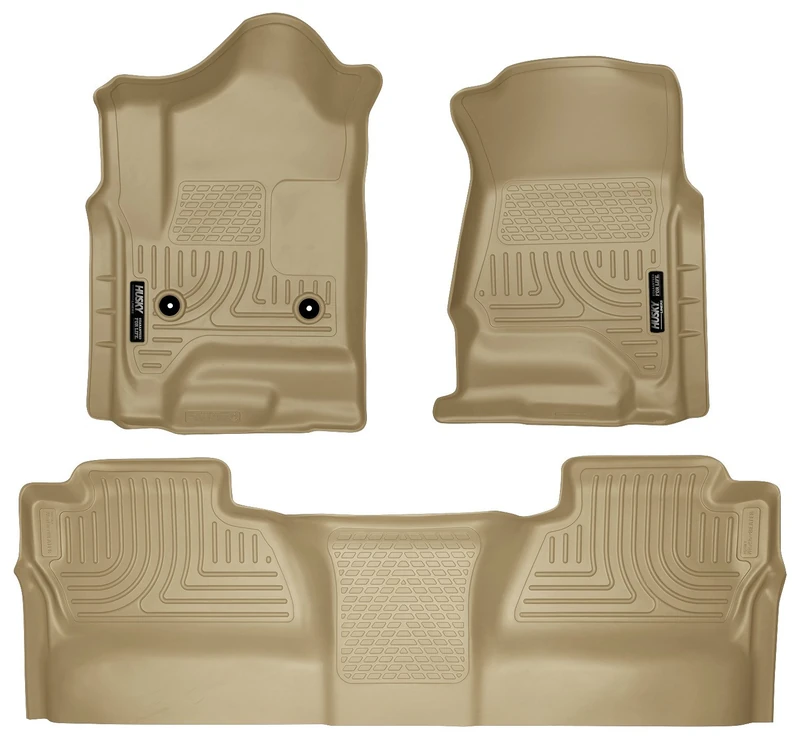 Husky Liners Weatherbeater | Fits 2014-2018 Chevrolet Silverado/GMC Sierra 1500, 2015-2019 2500/3500 HD Crew Cab, Front & 2nd Row Floor Liners (Footwell Coverage) - Tan, 3 pc. | 98233