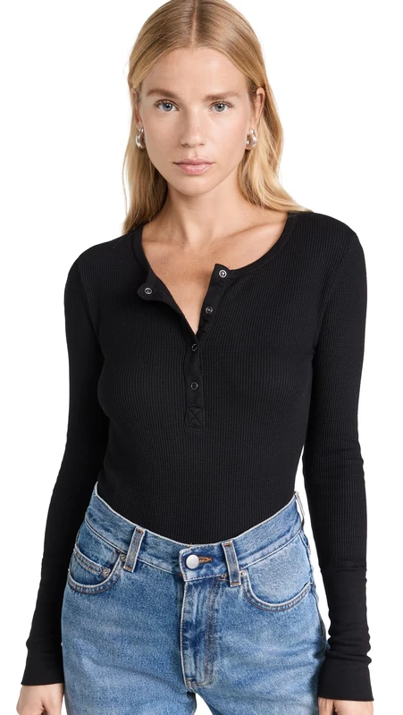 Splendid Women's Thermal Button Front Long Sleeve Sports Top, Black, Size 14 (Manufacturer Size:Large)