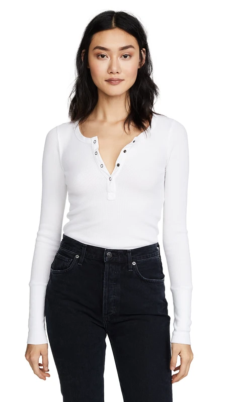 Splendid Women's Long Sleeve Thermal Henley Shirt, White, Large