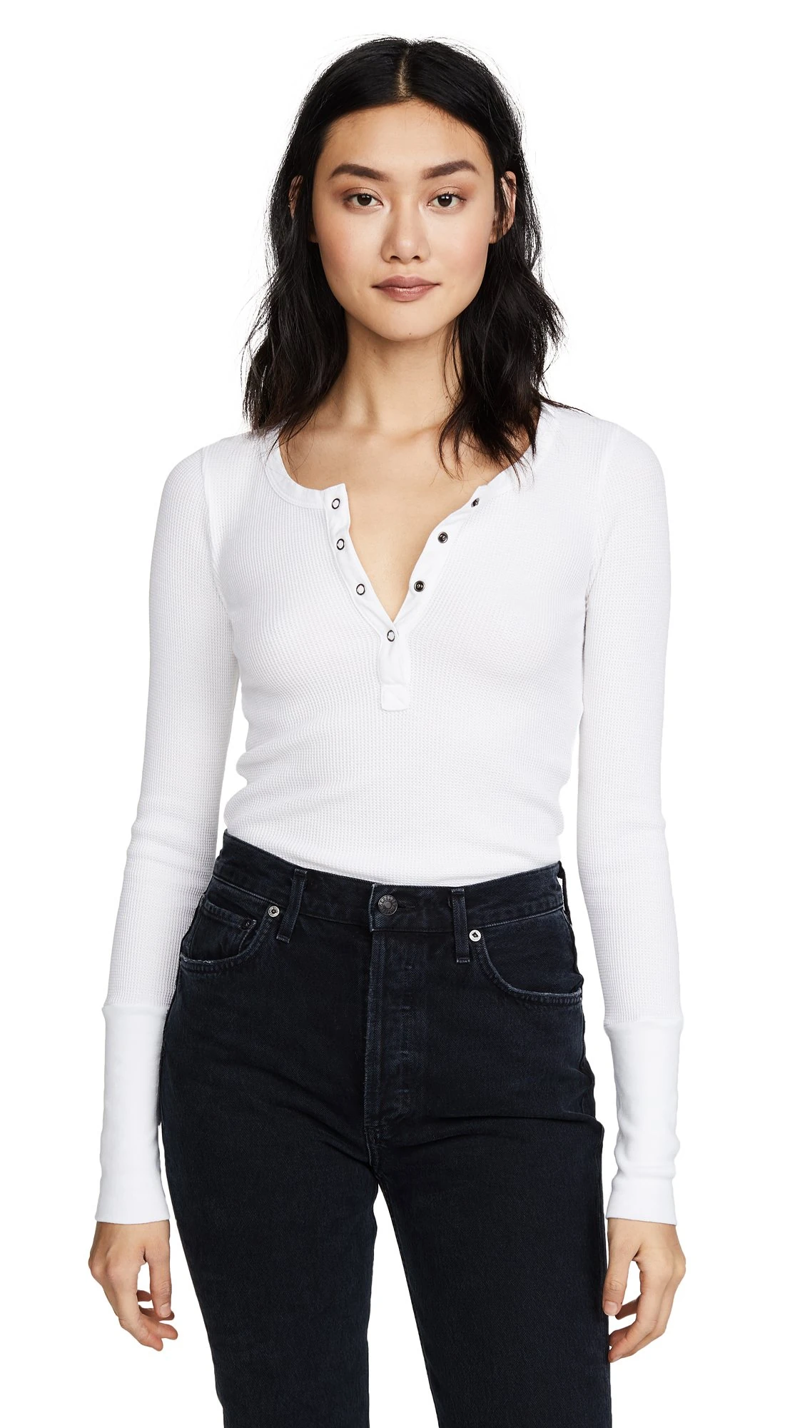 Splendid Women's Long Sleeve Thermal Henley Shirt, White, S