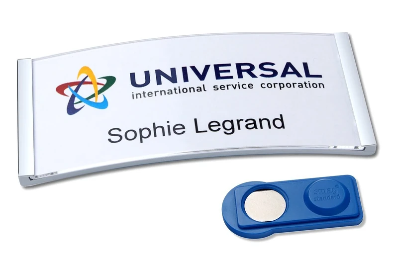 Badgepoint Name Plate Complete Set (20 Signs Including Print Sheet and Templates for PC, 80 x 34 mm, Matte Stainless Steel, Self-Writing, Magnetic Name Tags for Clothes, Non-Slip)